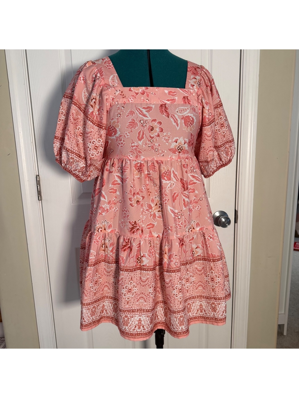 Band of the Free Pink Floral Boho Puff Sleeve Square Neck Drop Waist Mini Dress